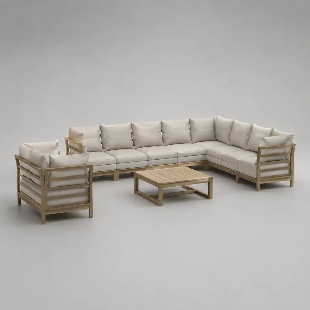 Canapé de jardin d'angle modulable en bois d'acacia avec coussins blancs et table basse 400 x 300 x 70 cm