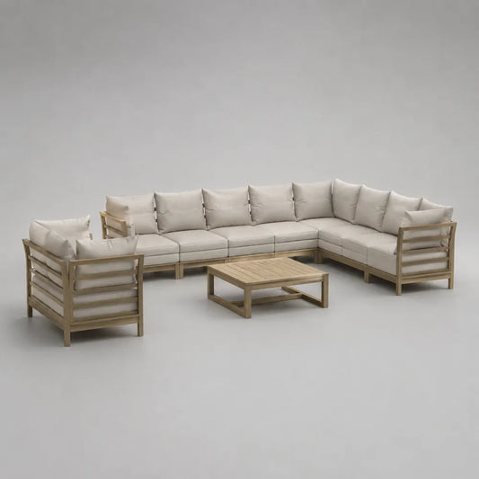 Canapé de jardin d'angle modulable en bois d'acacia avec coussins blancs et table basse 400 x 300 x 70 cm