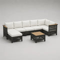 Salon de jardin modulable 7 places canapé d'angle en résine tressée noire avec coussins blancs et table basse 300 x 220 x 70 cm