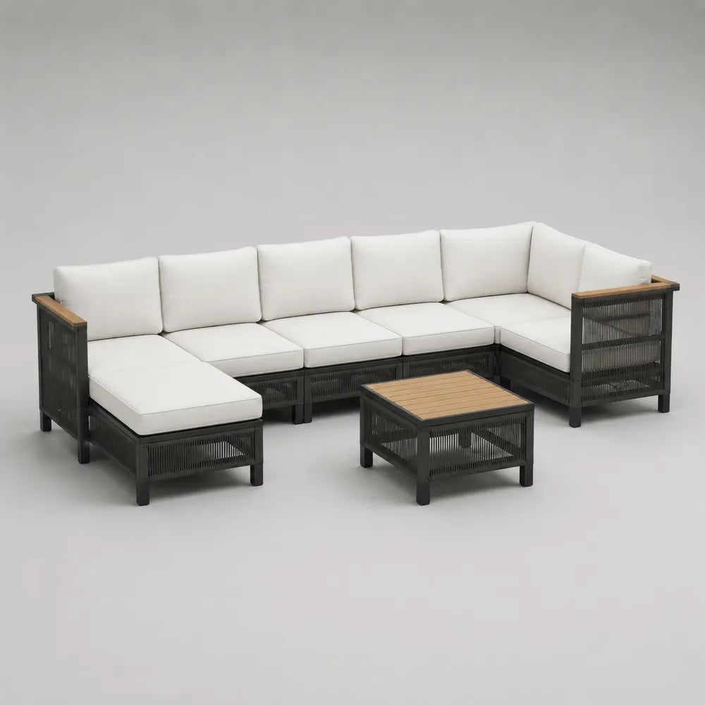 Salon de jardin modulable 7 places canapé d'angle en résine tressée noire avec coussins blancs et table basse 300 x 220 x 70 cm