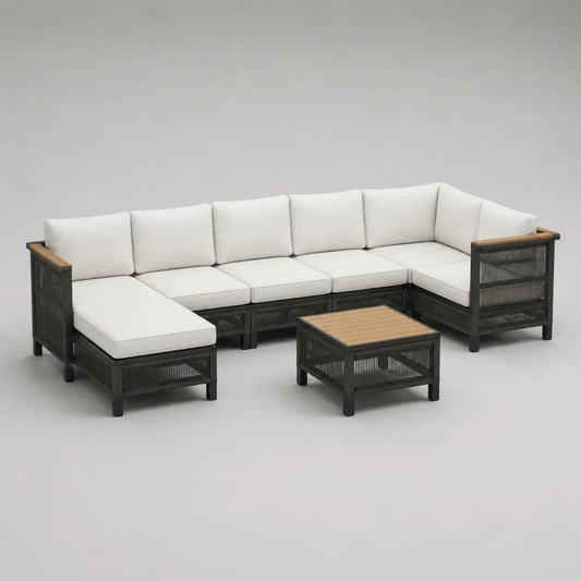 Salon de jardin modulable 7 places canapé d'angle en résine tressée noire avec coussins blancs et table basse 300 x 220 x 70 cm