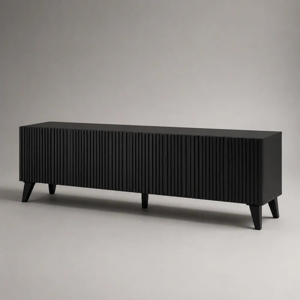Meuble TV bas en MDF noir mat avec façades cannelées rectangulaire 180 x 40 x 55 cm