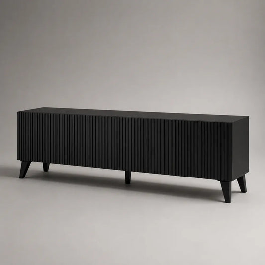 Meuble TV bas en MDF noir mat avec façades cannelées rectangulaire 180 x 40 x 55 cm