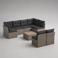 Salon de jardin modulable 7 places en résine tressée beige avec coussins gris et table basse 320 x 220 x 75 cm