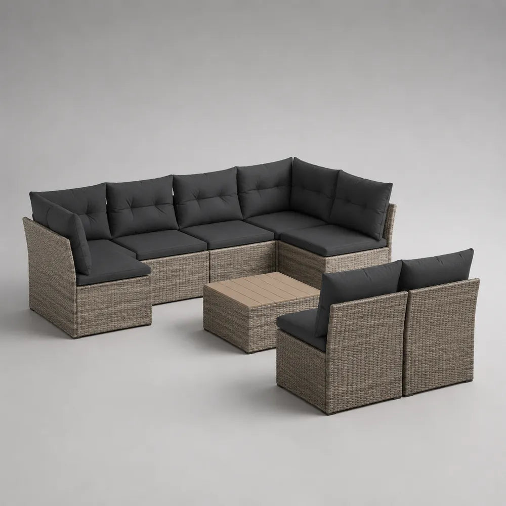 Salon de jardin modulable 7 places en résine tressée beige avec coussins gris et table basse 320 x 220 x 75 cm