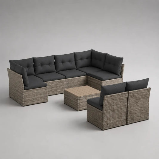 Salon de jardin modulable 7 places en résine tressée beige avec coussins gris et table basse 320 x 220 x 75 cm