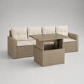 Salon de jardin modulable en résine tressée beige avec coussins blancs et table basse relevable 250 x 180 x 75 cm