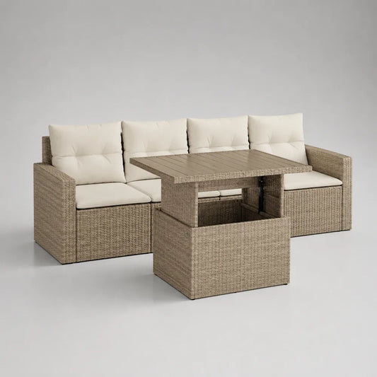 Salon de jardin modulable en résine tressée beige avec coussins blancs et table basse relevable 250 x 180 x 75 cm
