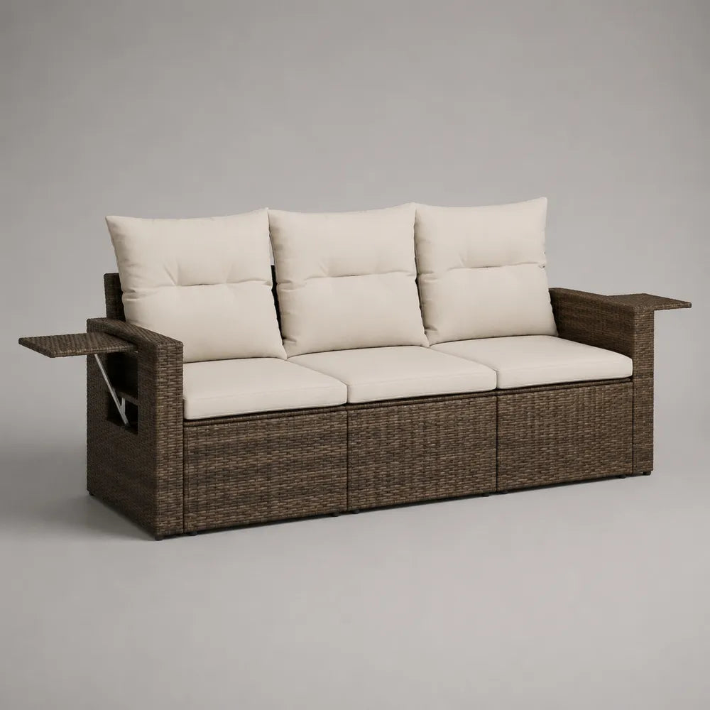 Canapé de jardin 3 places en résine tressée marron avec coussins polyester beige et tablettes latérales 220 x 85 x 75 cm