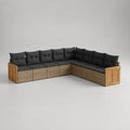Canapé de jardin d'angle modulable en résine tressée beige avec coussins noirs et éléments en bois naturel 320 x 220 x 75 cm