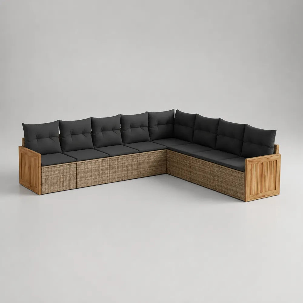 Canapé de jardin d'angle modulable en résine tressée beige avec coussins noirs et éléments en bois naturel 320 x 220 x 75 cm