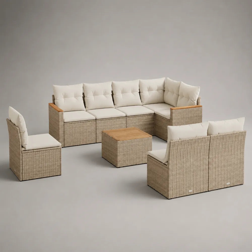 Salon de jardin modulable 9 places en résine tressée beige canapé d'angle avec coussins écrus et table basse 350 x 230 x 75 cm