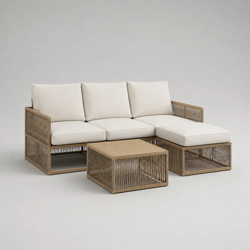 Salon de jardin d'angle 5 places en résine tressée beige avec coussins polyester écru et table basse 240 x 170 x 70 cm
