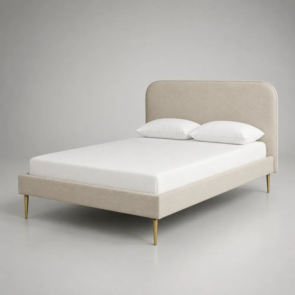 Lit double rembourré en tissu beige avec tête de lit arrondie et pieds en acier doré 160 x 200 cm