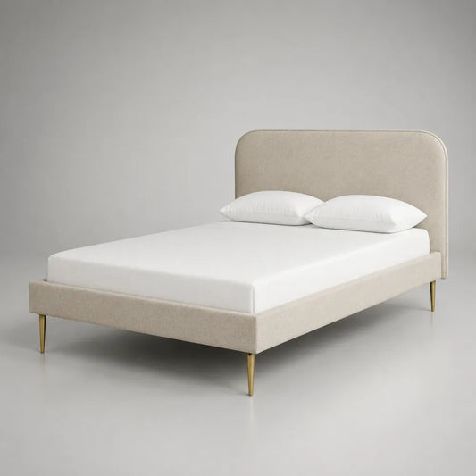 Lit double rembourré en tissu beige avec tête de lit arrondie et pieds en acier doré 160 x 200 cm
