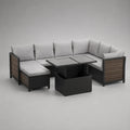 Salon de jardin d'angle en aluminium noir avec coussins gris clair et table basse relevable 280 x 210 x 75 cm