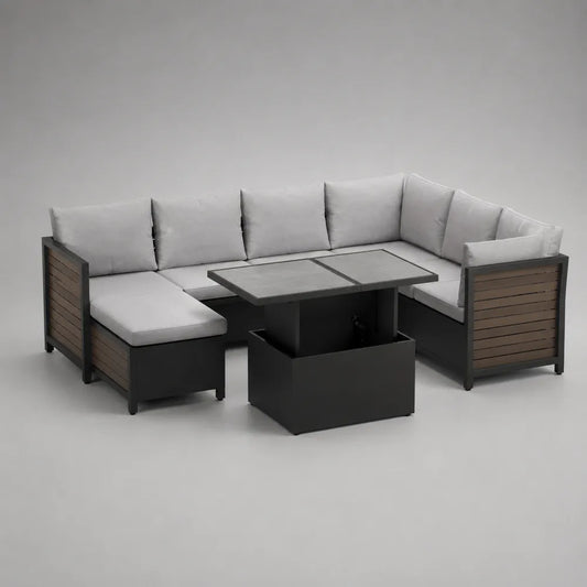 Salon de jardin d'angle en aluminium noir avec coussins gris clair et table basse relevable 280 x 210 x 75 cm