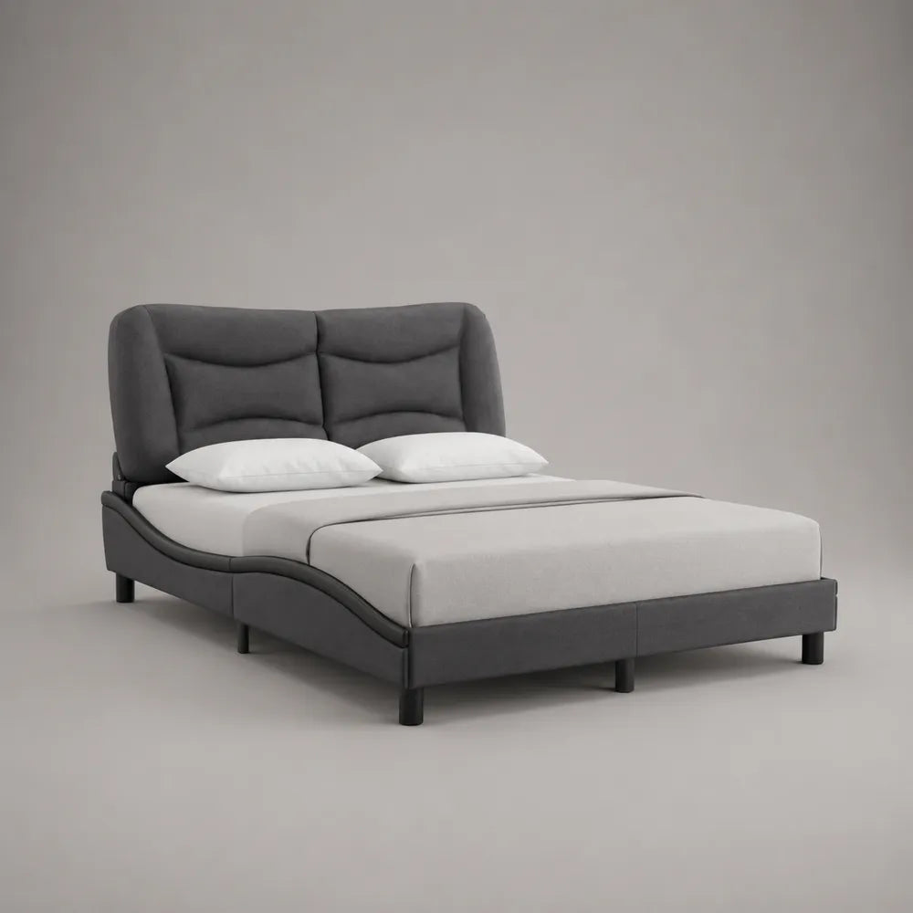 Lit double rembourré en tissu gris anthracite avec tête de lit capitonnée et structure ondulée 160 x 200 cm