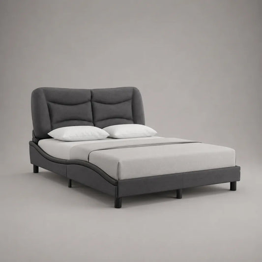 Lit double rembourré en tissu gris anthracite avec tête de lit capitonnée et structure ondulée 160 x 200 cm
