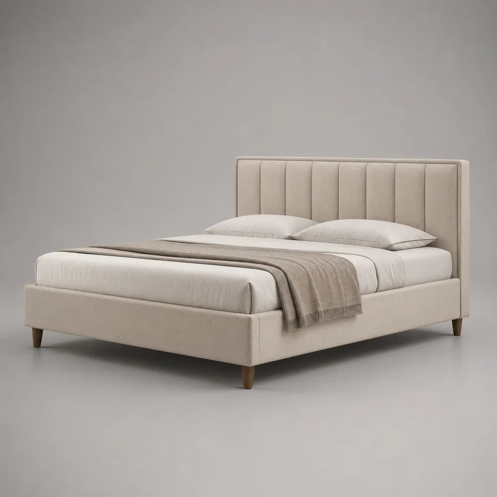 Lit double 160x200 cm cadre rembourré en polyester beige avec tête de lit capitonnée rectangulaire et pieds en bois