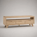 Meuble TV 180 cm avec tiroirs et niche ouverte en MDF effet chêne beige avec pieds en bois 180 x 40 x 55 cm