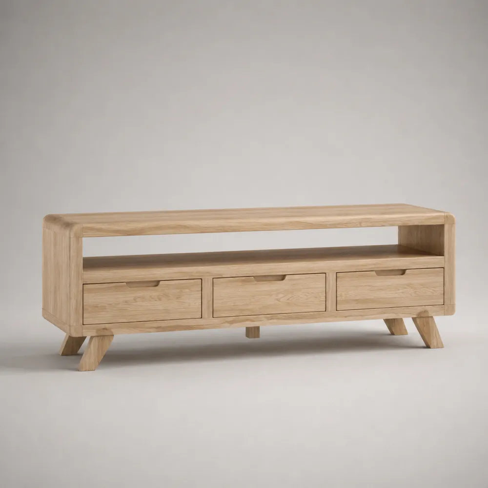 Meuble TV 180 cm avec tiroirs et niche ouverte en MDF effet chêne beige avec pieds en bois 180 x 40 x 55 cm