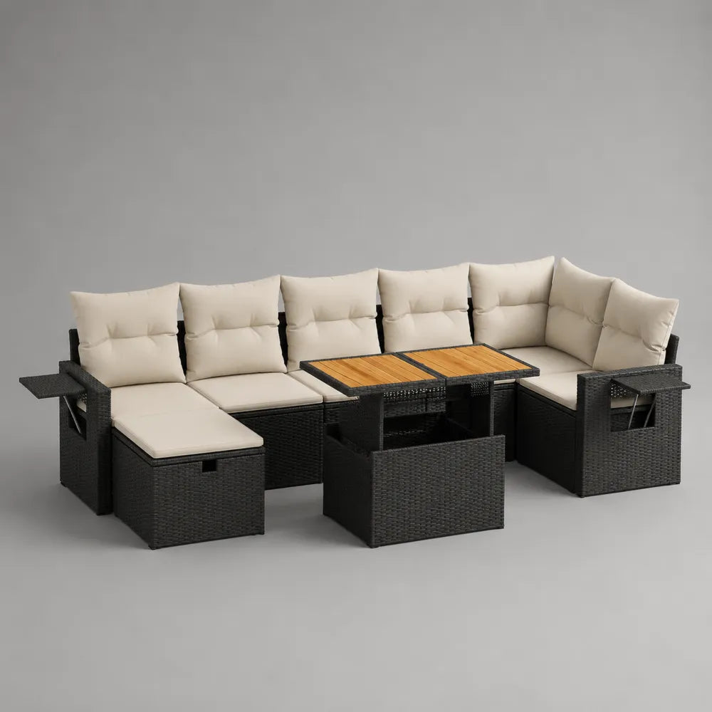 Salon de jardin d'angle 8 places en résine tressée noire avec coussins polyester écru et table basse relevable 320 x 230 x 75 cm