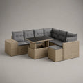 Salon de jardin modulable en résine tressée beige avec coussins gris et table basse relevable 360 x 240 x 75 cm