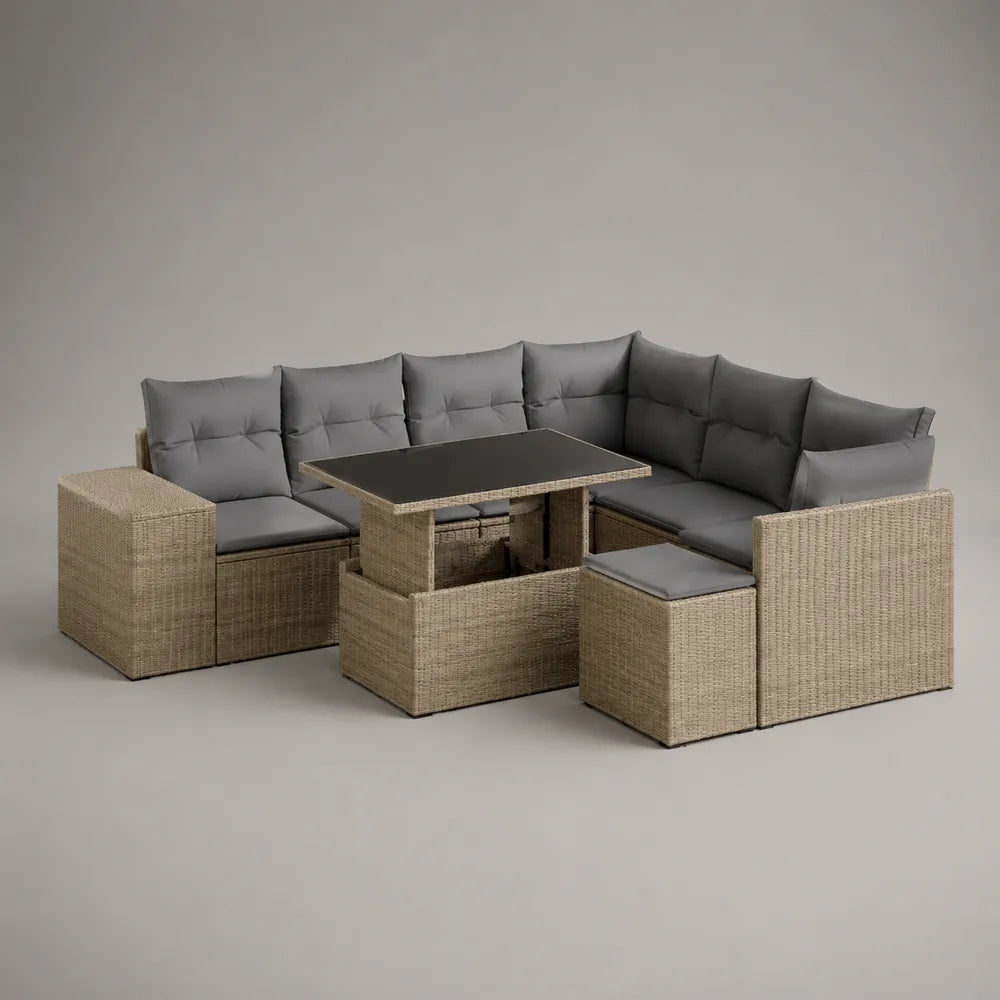 Salon de jardin modulable en résine tressée beige avec coussins gris et table basse relevable 360 x 240 x 75 cm