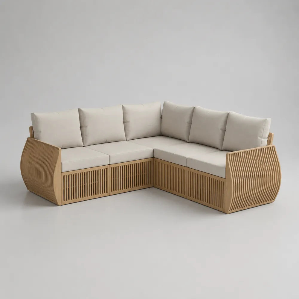 Canapé de jardin d'angle modulable en bois d'acacia naturel avec coussins blancs 280 x 220 x 75 cm