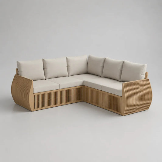 Canapé de jardin d'angle modulable en bois d'acacia naturel avec coussins blancs 280 x 220 x 75 cm