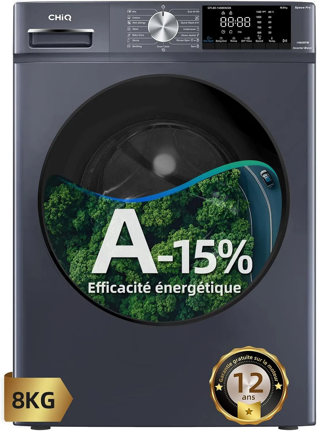 Lave-linge CFL80-14586IM3xA, 8 kg, 76 dB, classe énergétique A, tactile, Inverter, vapeur, gris, 1400 T, min, 520mm, CHiQ 8kg Lave-Linge avec Classe