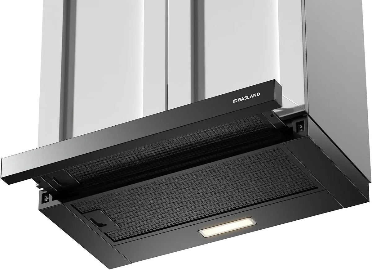 Hotte aspirante, 60 cm, 335 m3/h, hotte de cuisine, GASLAND BR60BP CF132, Hotte Abstrait à Extraction à Plat Noire avec Filtre à Charbon Actif CF132