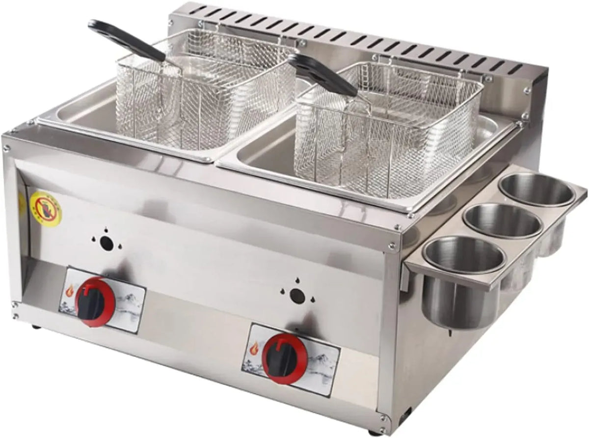 Idéale pour la Cuisine Commerciale et Maison équipé de cuillère à Panier pour croustilles de Poulet, Friteuse à gaz Professionnelle à Double Cylindre