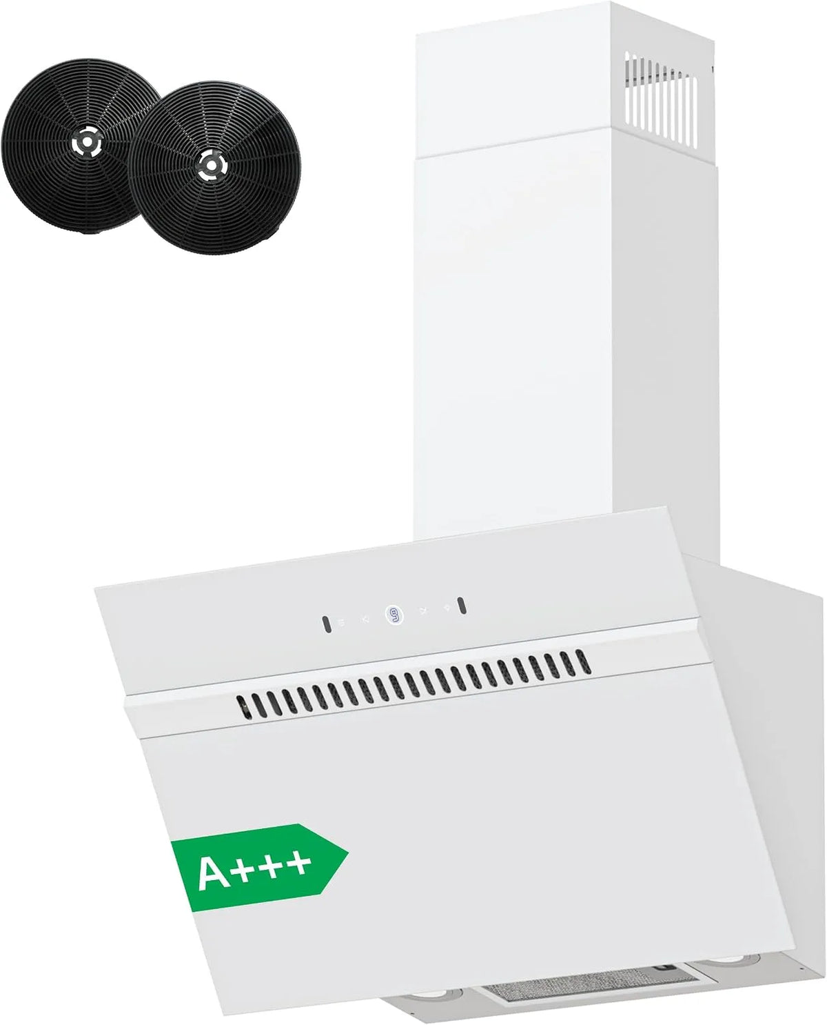 Hotte aspirante, 60 cm, 684 m3/h, classe énergétique A, hotte de cuisine, inclinée, évacuation et recyclage, installation murale, tactile, blanc