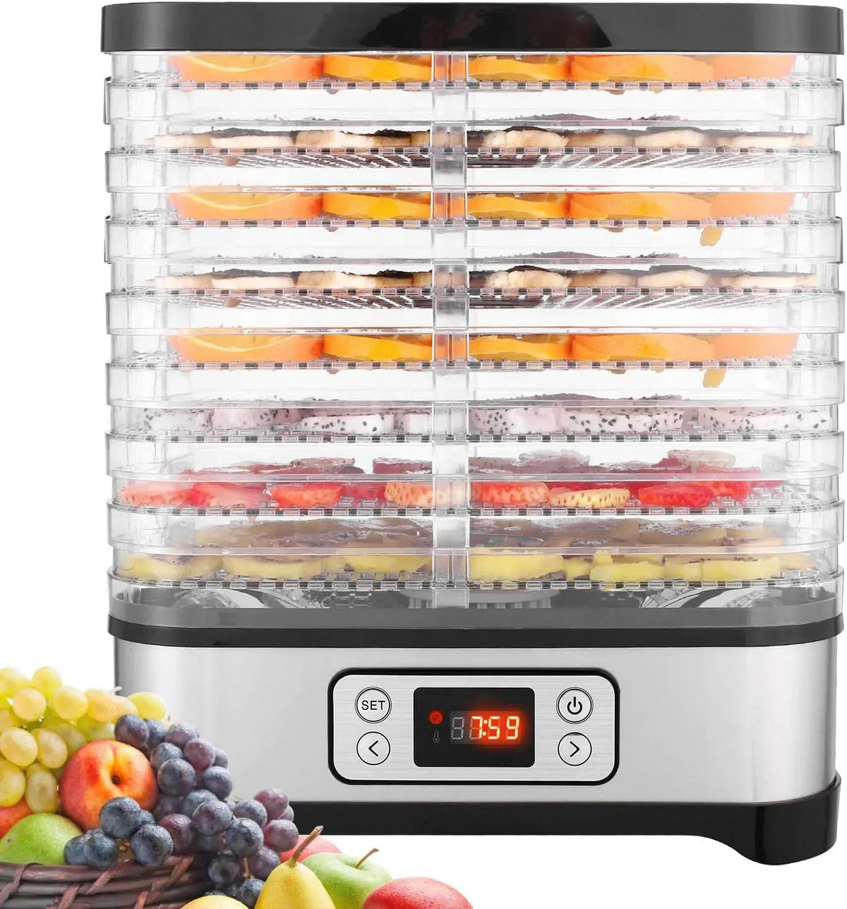 72h Température Réglable, Déshydrateur pour Fruits et Légumes avec Minuterie, 400W Déshydrateur Alimentaire 8 Plateaux Écran LCD, 35-70°C, Viande