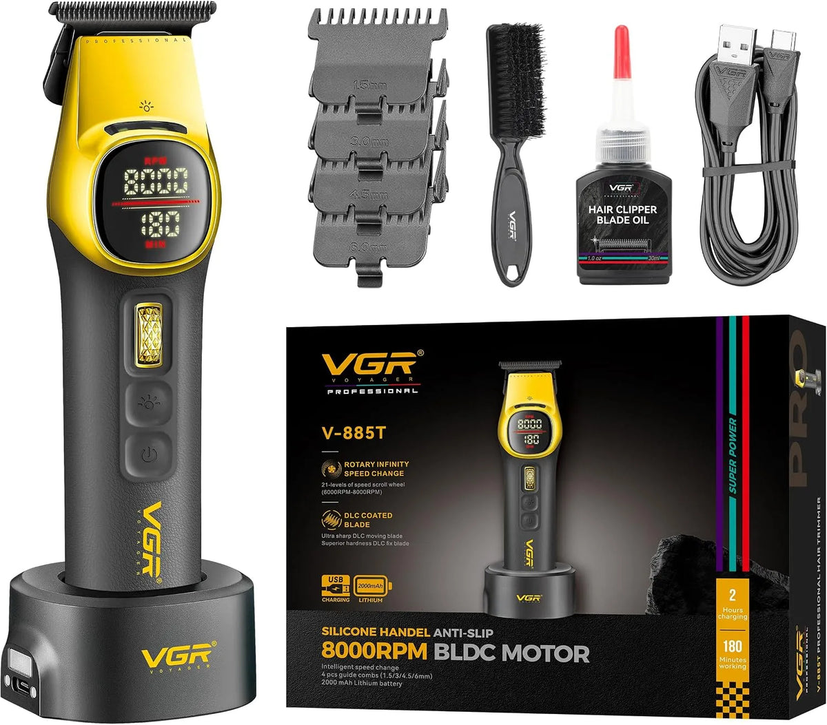 lame DLC, Tondeuse à barbe pour homme, pour kit professionnel pour salon de coiffure, kit de toilettage électrique rechargeable sans fil avec lumière