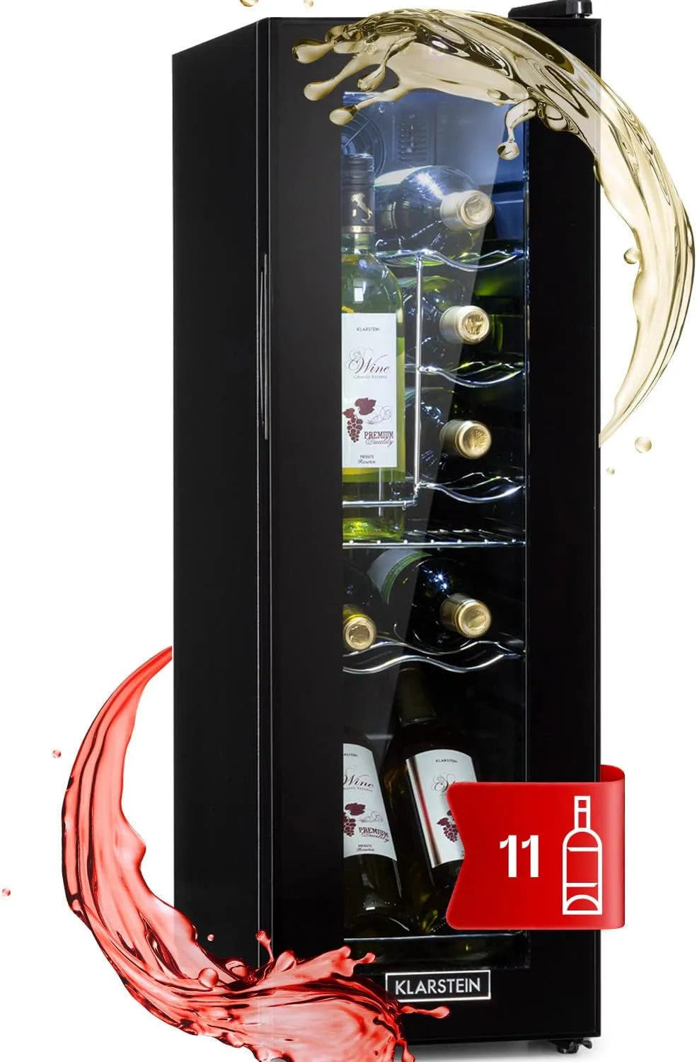Klarstein Cave à vin électrique, 32 L, 12 bouteilles, 1 foyers, 5 à 18 °C, verre, pose libre, silencieux, acier inoxydable, noir, Cadre Inox, LED