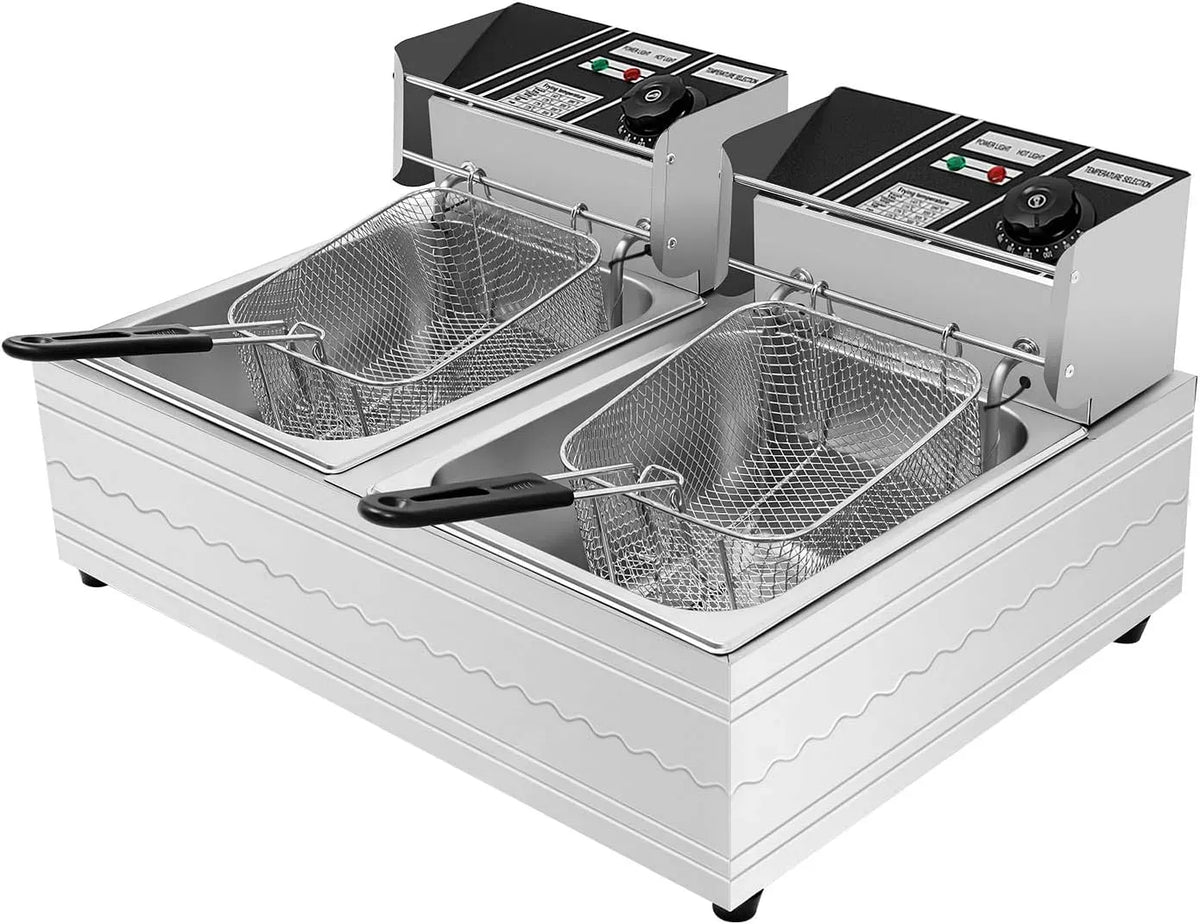 2500W Friteuse avec Paniers, Friteuse 12L Electrique Inox Professionnelle, Friteuses Commerciale avec 2 Tamis Pour Filet de Friture, Température