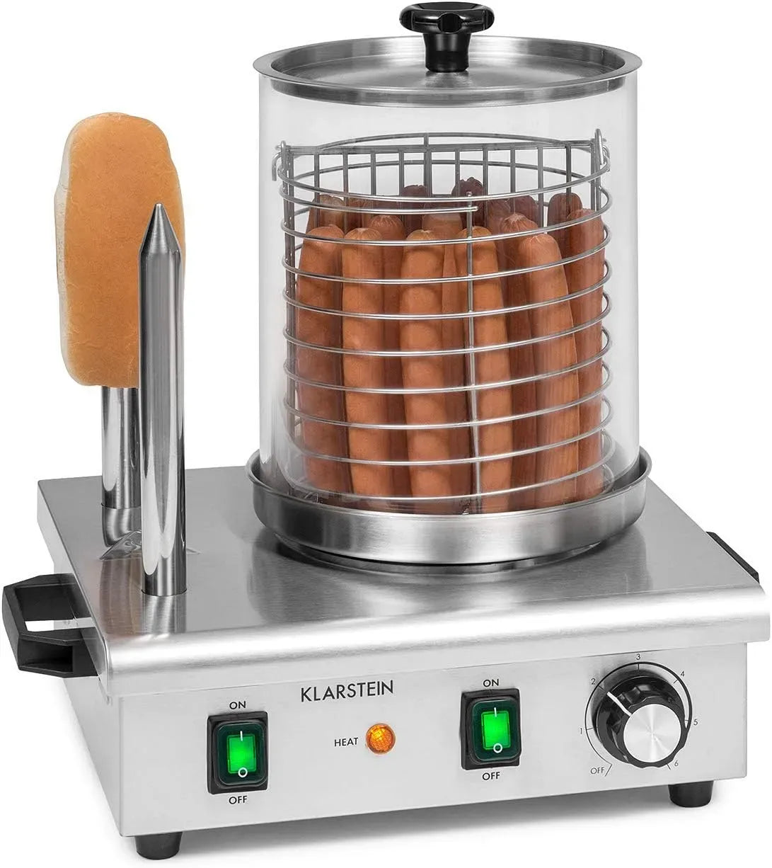 Klarstein machine à hot-dogs, cuiseur, 20 cm, 550 W, 30 à 100 °C, 17 cm, thermostat, acier inoxydable, fonction chauffante, argenté, verre