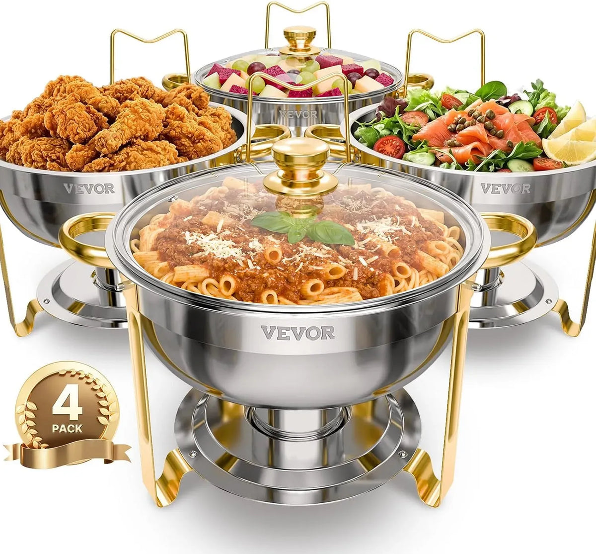 VEVOR 4PCs Buffet Chauffant Rond, Réchaud en Acier Inoxydable, Chauffe-Plat 4,6 L, avec 4 Bacs Pleine Grandeur et Couvercle en Verre, pour Buffet