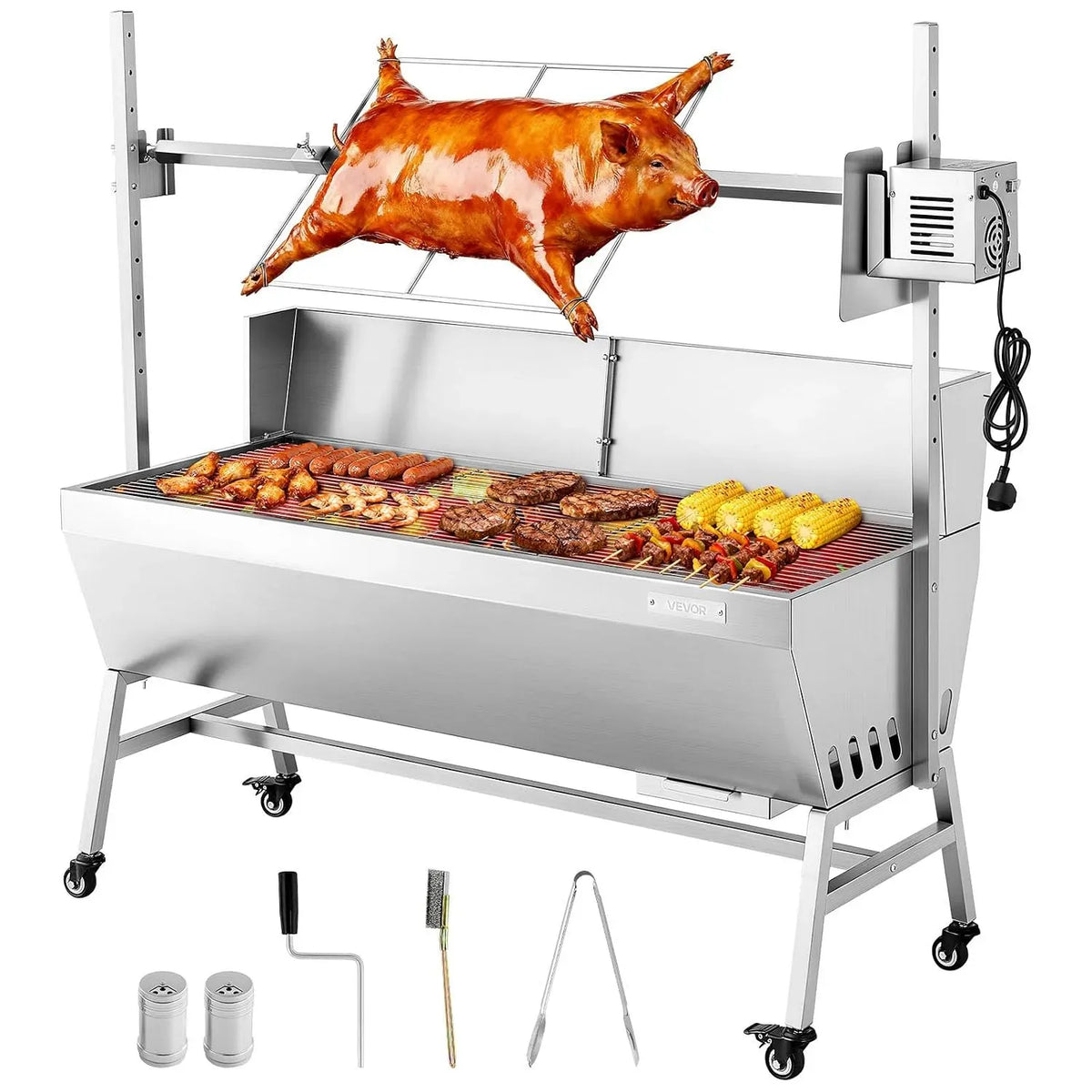 VEVOR Barbecue, 38 W, 60 kg, extérieur, acier inoxydable, 4 Niveaux, bois, pour Agneau Porcelet
