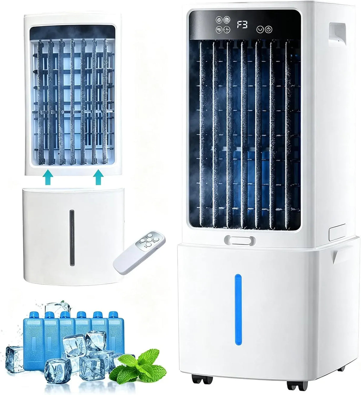 Rafraîchisseur d'air, 12 L, 75 W, Rafraîchisseur 4-en-1 12H, portable, minuteur, 3 vitesses, oscillation, grand réservoir, Oscillation 90°
