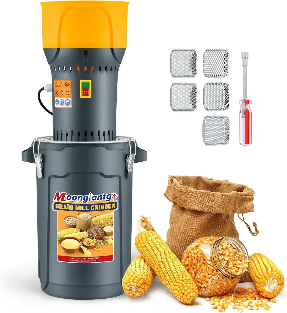 Moulin à céréales, 25 L, 1300 W, broyeur à grains, Moongiantgo, amovible, 5 Tamis de Différentes Finitions et 1 Clé à Douille