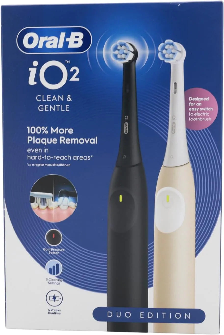 Series 2 étui de voyage, Oral-B iO Lot de 2 brosses à dents électriques, Night Black & Calm Pink, équipé de 2 brossettes, jusqu'à 4 semaines