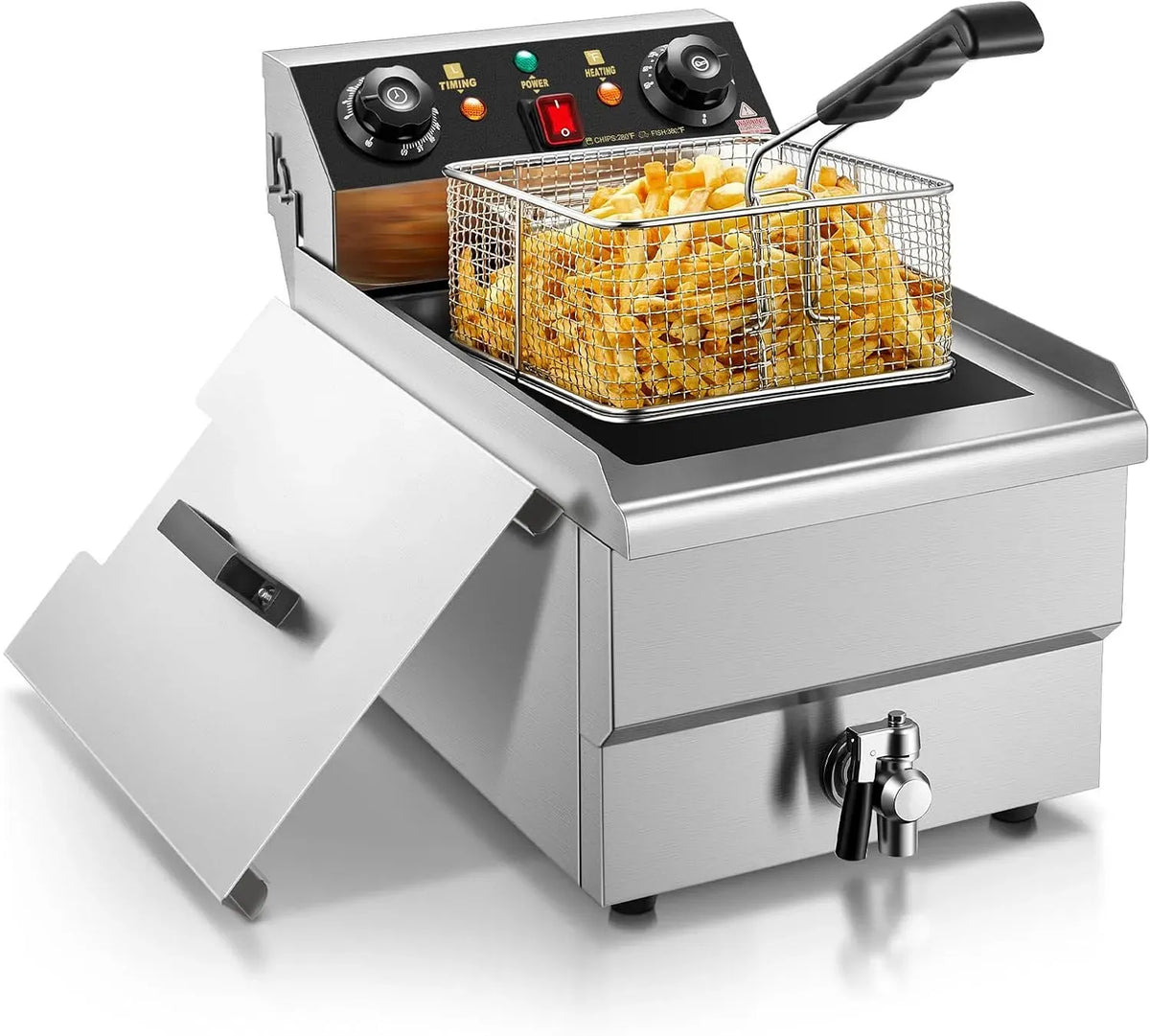 pour Restaurants et Cuisines, Friteuse Électrique FOHERE 11L avec Vanne de Vidange, 3000W Friteuse Professionnelle avec Panier et Couvercle, Minuterie